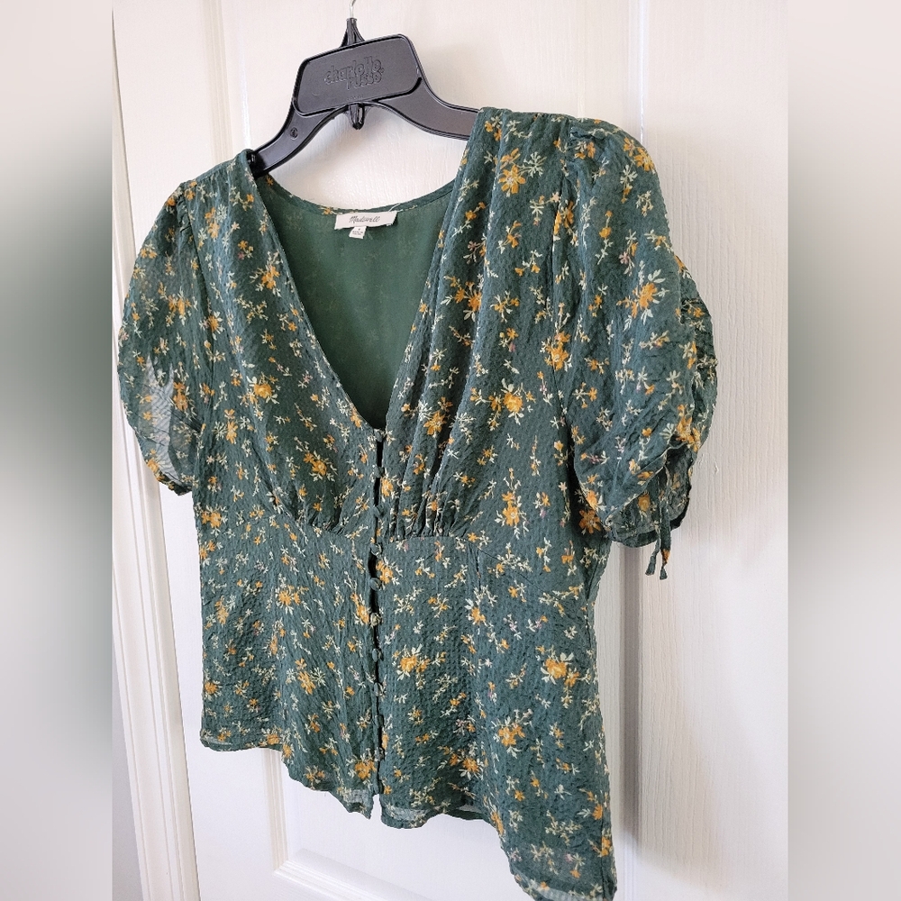 Madewell Silk Evie Tie-Sleeve Top Fresh Sprigs Green Floral Size 4 - Picture 3 of 13